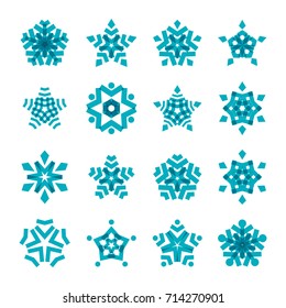 Collection of blue snowflakes, isolated on a white background. Graphic material and design elements to decorate Christmas cards and posters, vector illustration.