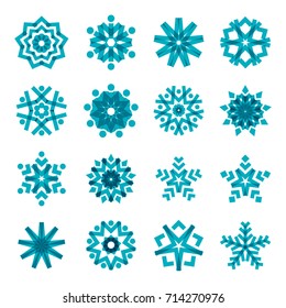 Collection of blue snowflakes, isolated on a white background. Graphic material and design elements to decorate Christmas cards and posters, vector illustration.