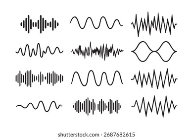 Colección de ondas de sonido azules y formas de onda de audio mostradas en varios estilos sobre un fondo blanco, representando señales de audio y visualización de sonido.