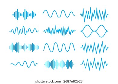 Colección de ondas de sonido azules y formas de onda de audio mostradas en varios estilos sobre un fondo blanco, representando señales de audio y visualización de sonido.