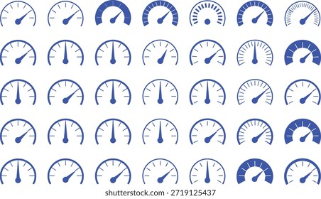 Colección de velocímetros azules con posiciones variables de la aguja
