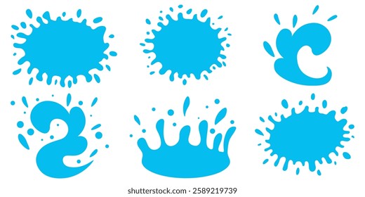 Colección de Ilustraciones de forma de salpicadura y gota azul para Diseños creativos. Conjunto de vibrantes Diseños gráficos de salpicaduras y gotas azules, ideal para proyectos creativos, decoración y temática acuática 