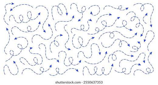Coleção de setas tracejadas de linha de rabisco azul. Setas de traçado editáveis de vetor curvo traço