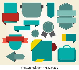 Collection of blue stickers and red ribbons, that allow you to put your own titles on them, vector illustration isolated on white background