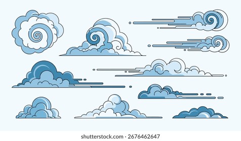 Colección de nubes estilizadas azules en diferentes formas y Formas
