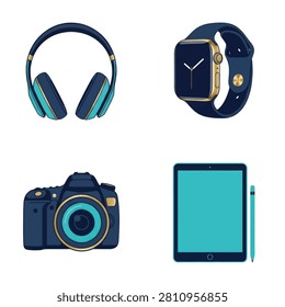 Collection of blue and teal digital gadgets featuring over ear headphones smart watch camera and tablet with stylus pen