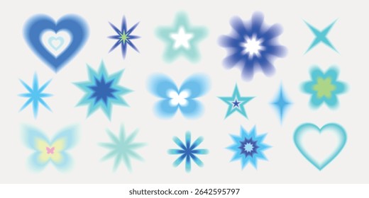A collection of blue and teal star and heart shapes. Includes star patterns, heart designs, and abstract shapes in blue and teal hues. Cute glowing element set vector.