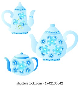Kollektion von blauen Teeköpfen mit einem Muster von schönen Blumen auf weißem Hintergrund. Vektorgrafik