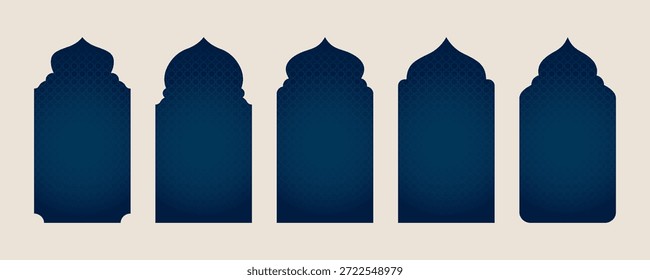Colección de siluetas de puerta islámica texturizada azul con patrón de adorno para tarjeta de felicitación religiosa