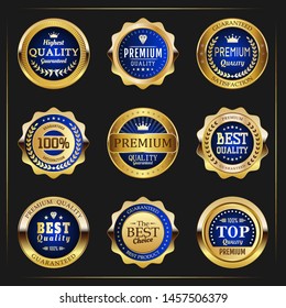 Collection of blue top quality badges with gold border