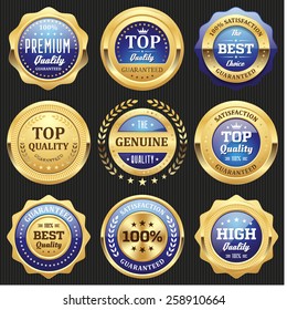 Collection of blue top quality badges with gold border