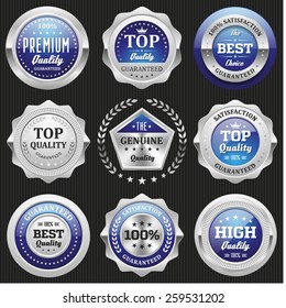 Collection of blue top quality badges with silver border