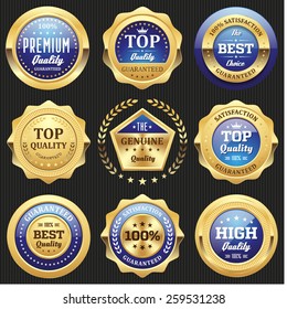 Collection of blue top quality badges with gold border