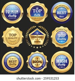 Collection of blue top quality badges with gold border