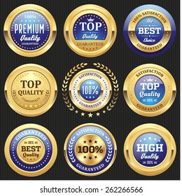 Collection of blue top quality badges with gold border