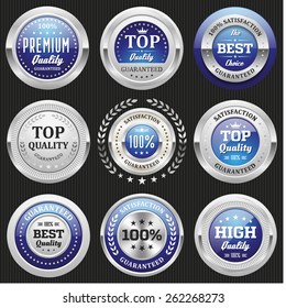 Collection of blue top quality badges with silver border