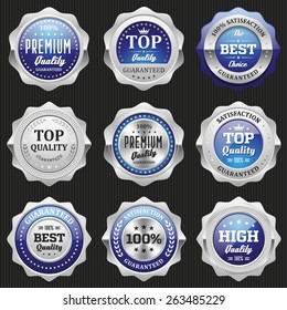 Collection of blue top quality badges with silver border