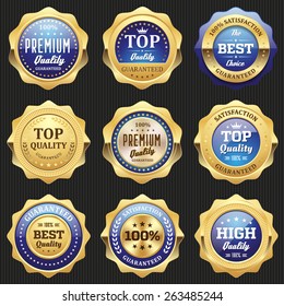 Collection of blue top quality badges with gold border