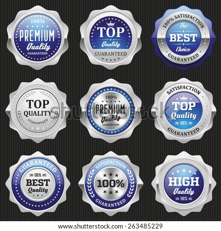 Collection of blue top quality badges with silver border