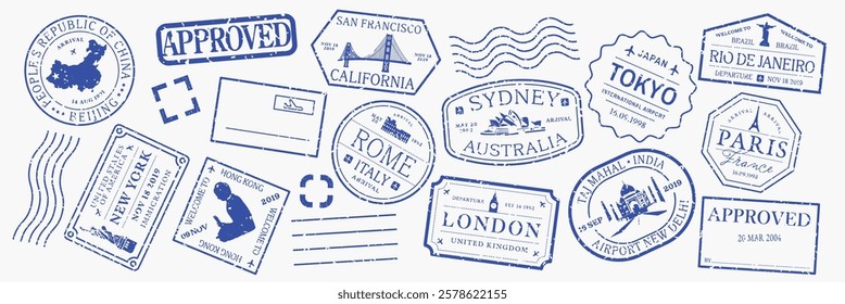 Collection of blue travel stamps featuring cities like Tokyo, Sydney, and London. Travel stamps with various designs, travel-themed stamps, and iconic landmarks. Blue travel stamps, vector set.
