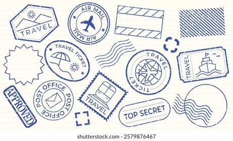 Collection of blue travel stamps featuring airplanes, ships, and travel themes. Includes 'Approved' and 'Top Secret' stamps, perfect for travel designs. Blue travel stamps, vector set.