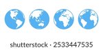 Collection of Blue Vector Earth Globe Symbols. Different Views centered on each continent. Flat Style White land Earth Globes with Blue oceans. 
