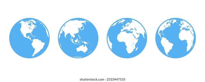 Collection of Blue Vector Earth Globe Symbols. Different Views centered on each continent. Flat Style White land Earth Globes with Blue oceans. 