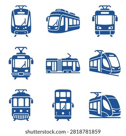 A collection of blue vector icons depicting various modern trams, streetcars, and urban railway vehicles in different perspectives for public transport design.
