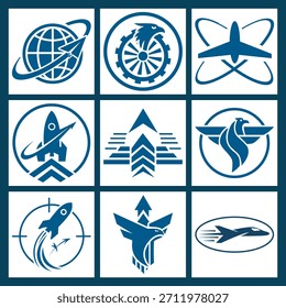 Una colección de iconos vectoriales azules con cohetes, aviones, globos y emblemas de pájaros estilizados, diseñados con Formas audaces y temas modernos inspirados en la industria aeroespacial. Una colección de iconos vectoriales azules con cohetes, aviones, globos y emblemas de pájaros estilizados, diseñados con Formas audaces y temas modernos inspirados en la industria aeroespacial.