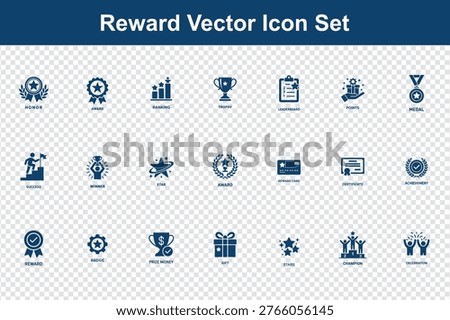 A collection of blue vector icons representing rewards, achievements, and celebrations, including stars, trophies, medals, and certificates on a transparent background