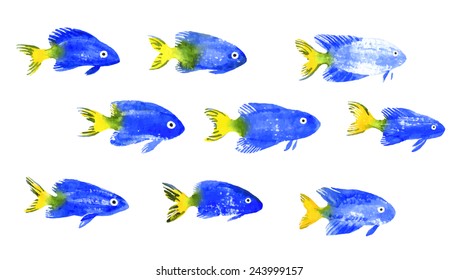 Collection of blue vector watercolor fish