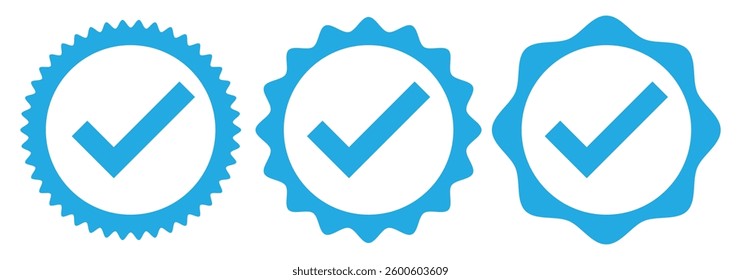 Collection of Blue Verified badges in different shapes. verified check mark icon set. vector illustration eps 888.