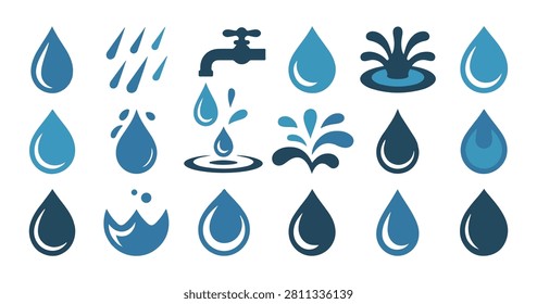 Collection of blue water drops and splash icons including faucets and fountain elements for environmental graphics.