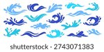 Collection of blue water splashes and waves in flat vector style. Modern aqua elements isolated on light background, perfect for summer design, pool, sea branding and decoration.