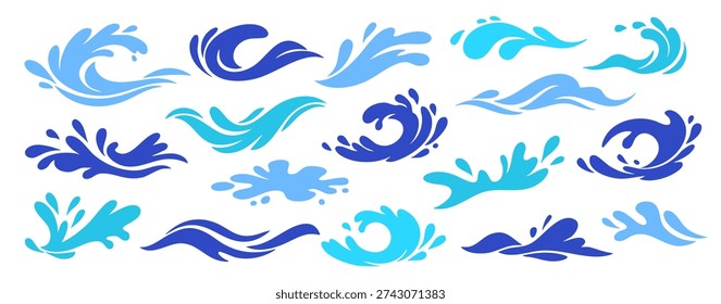 Collection of blue water splashes and waves in flat vector style. Modern aqua elements isolated on light background, perfect for summer design, pool, sea branding and decoration.