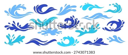 Collection of blue water splashes and waves in flat vector style. Modern aqua elements isolated on light background, perfect for summer design, pool, sea branding and decoration.