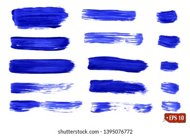 Collection of blue watercolor and acrylic brush strokes. Blue watercolor brushes. Blue grungy smears and strokes. Vector illustration for tags and stamps design.