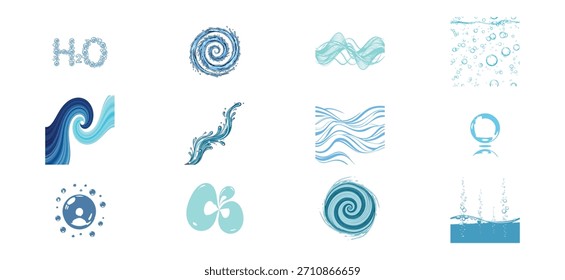 Collection of blue watercolor elements for design and decoration on white background
