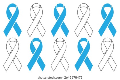Collection of blue and white awareness ribbons isolated on white background.Blue Awareness Ribbons: Filled and Outline Designs.