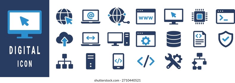 Coleção de ícones de tecnologia digital azul e branco no monitor de computador de fundo azul escuro