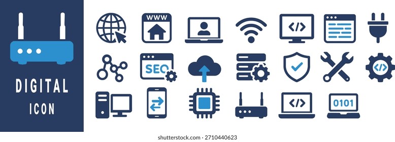 Colección de iconos de tecnología digital azul y blanco en la red informática de fondo azul oscuro
