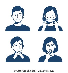 Collection of blue and white flat vector icons showing male and female characters in various thinking and skincare poses