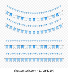 Collection of blue and white garlands. Set of realistic garlands with traditional Oktoberfest colors isolated on transparent background. Vector illustration.