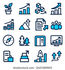 Collection of Blue and White Line Icons Representing Growth, Progress, and Success