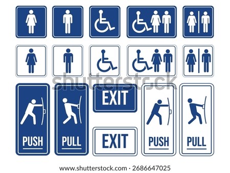 Collection of blue and white public information signboards for restroom, accessibility, and exit guidance. Public service concept.