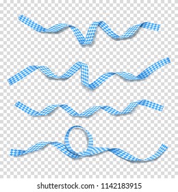 Collection of blue and white satin ribbons. Set of curved tapes with traditional Oktoberfest colors isolated on transparent background. Vector illustration.