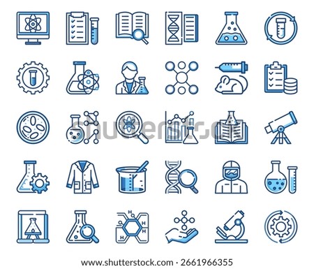 Collection of blue and white science and laboratory icons including flasks, microscopes, DNA, and scientists.