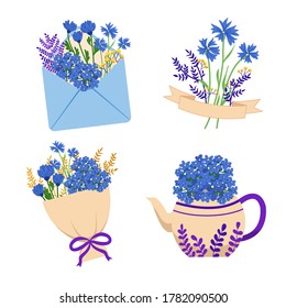 Collection of blue wild flowers decoration sticker. Cute flower arrangement decoration element. Flat vector design isolated on white background