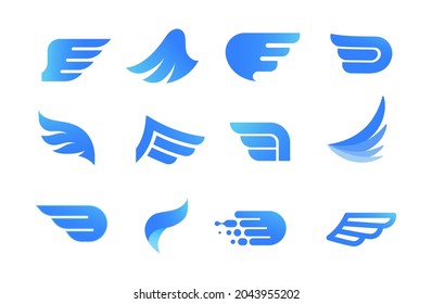 Collection of blue wings logos, icons and symbols. Fast delivery, motion and speed concept.