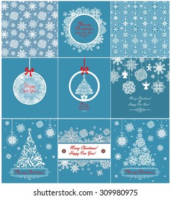 Collection of blue xmas greetings with paper snowflakes